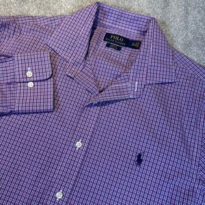 Mens Large Ralph Lauren Button Up Shirt Purple White And Blue Checkered Gingham‎